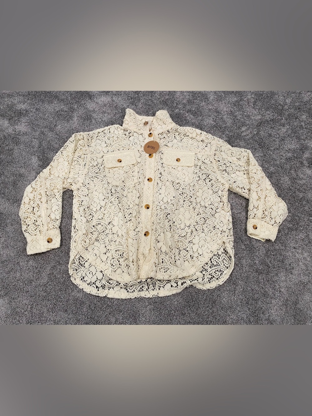 BiBi Sweater Women Size L Knit Long Sleeve Cream Lace Shoulder Floral NWT